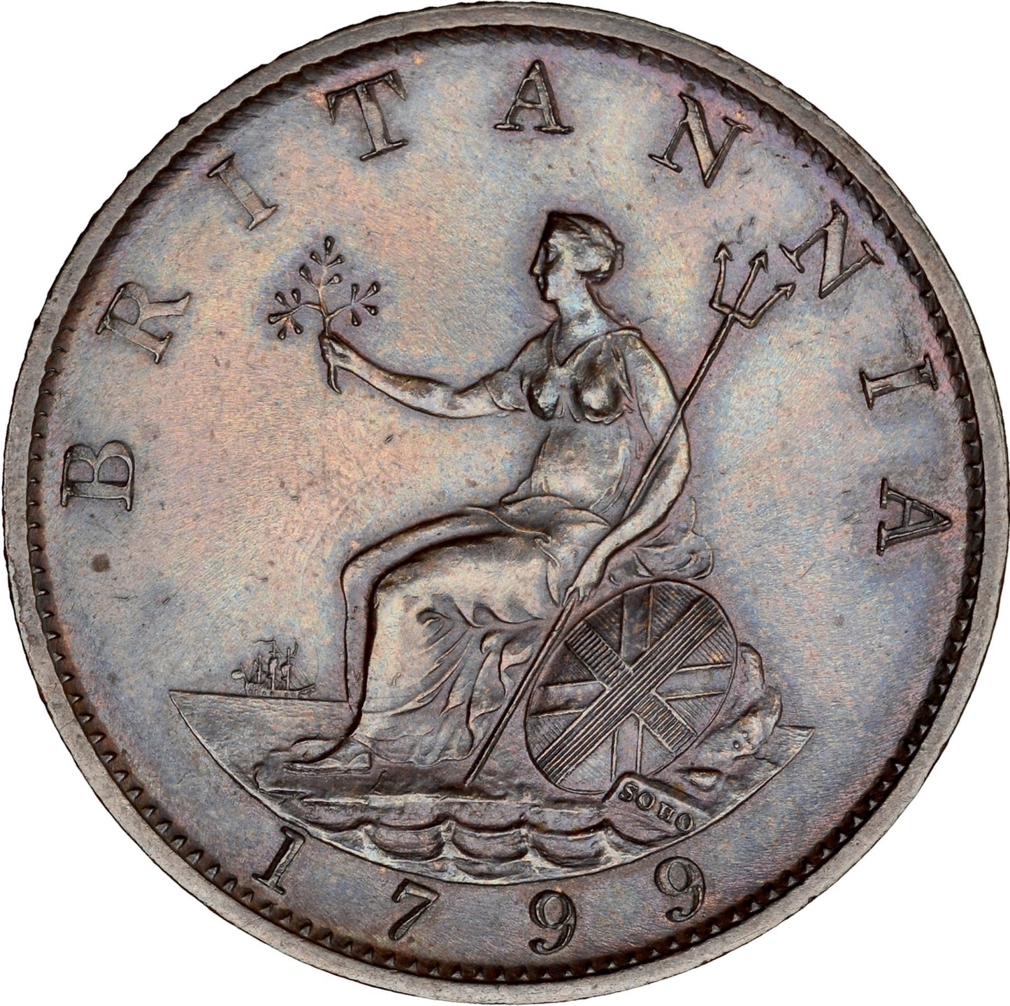 1799 Halfpenny S3774 BMC 1250 7 raised gunports Scarce EF