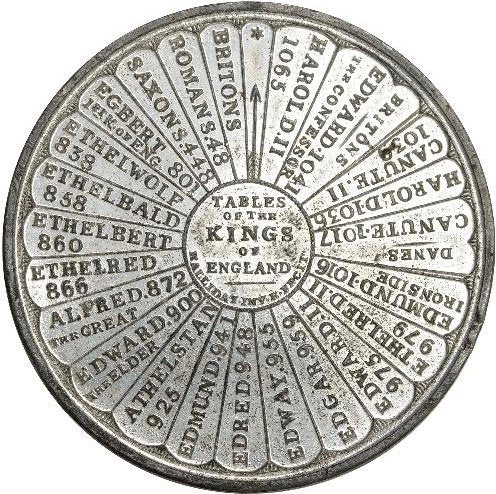 1820 Tables of the Kings of England 38.5mm white metal medal by Thomas Halliday