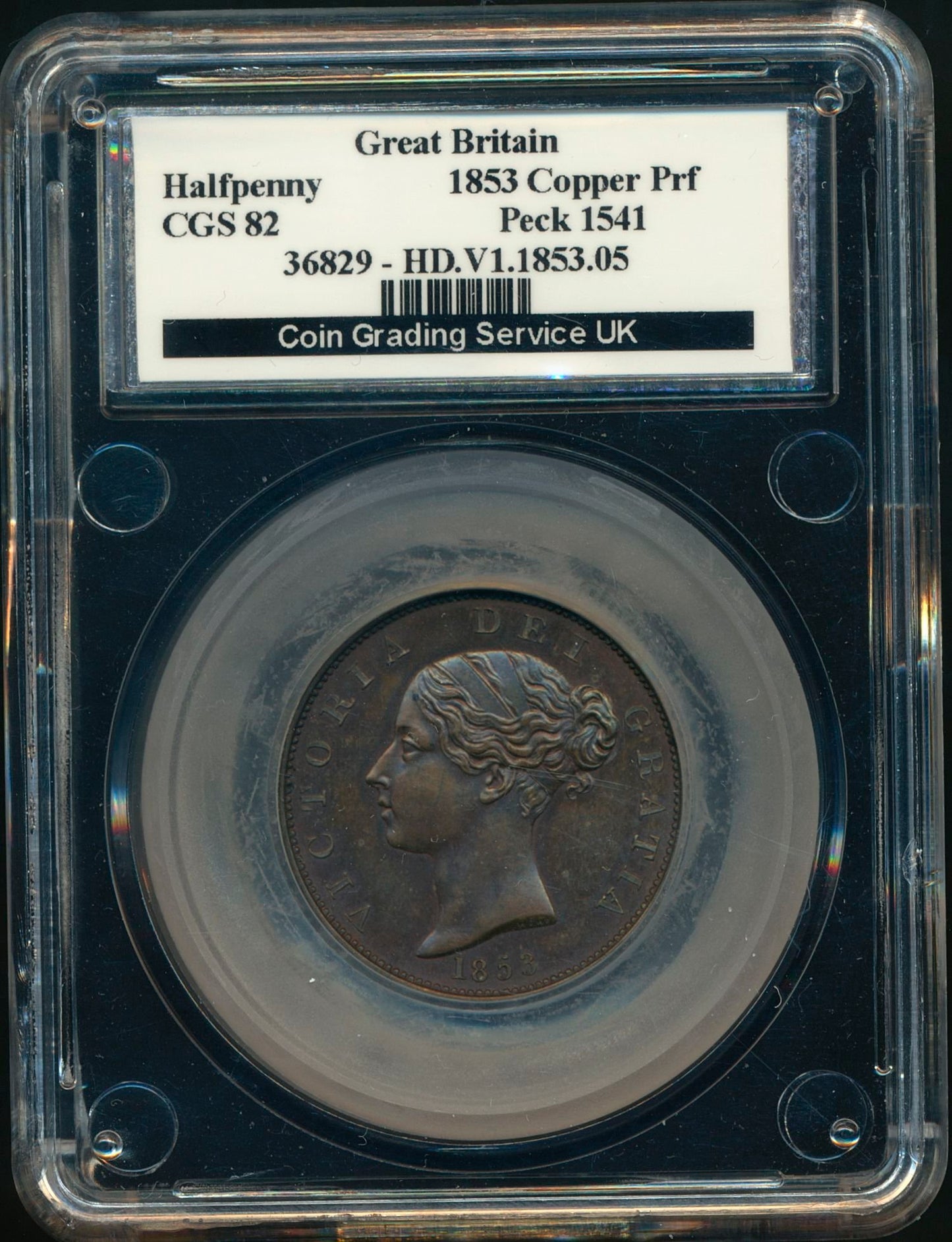 1853 proof halfpenny BMC 1541 LCGS82