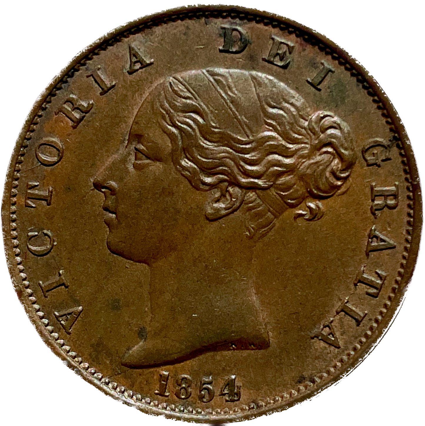 1854 Halfpenny S3949 BMC 1542 Upturned A for V in VICTORIA GEF