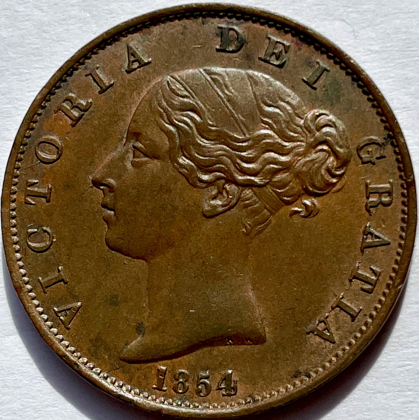 1854 Halfpenny S3949 BMC 1542 Upturned A for V in VICTORIA GEF