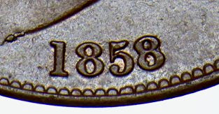 1858/3 Penny WW Far colon Ornamental trident BMC 1515 Extremely rare AUNC