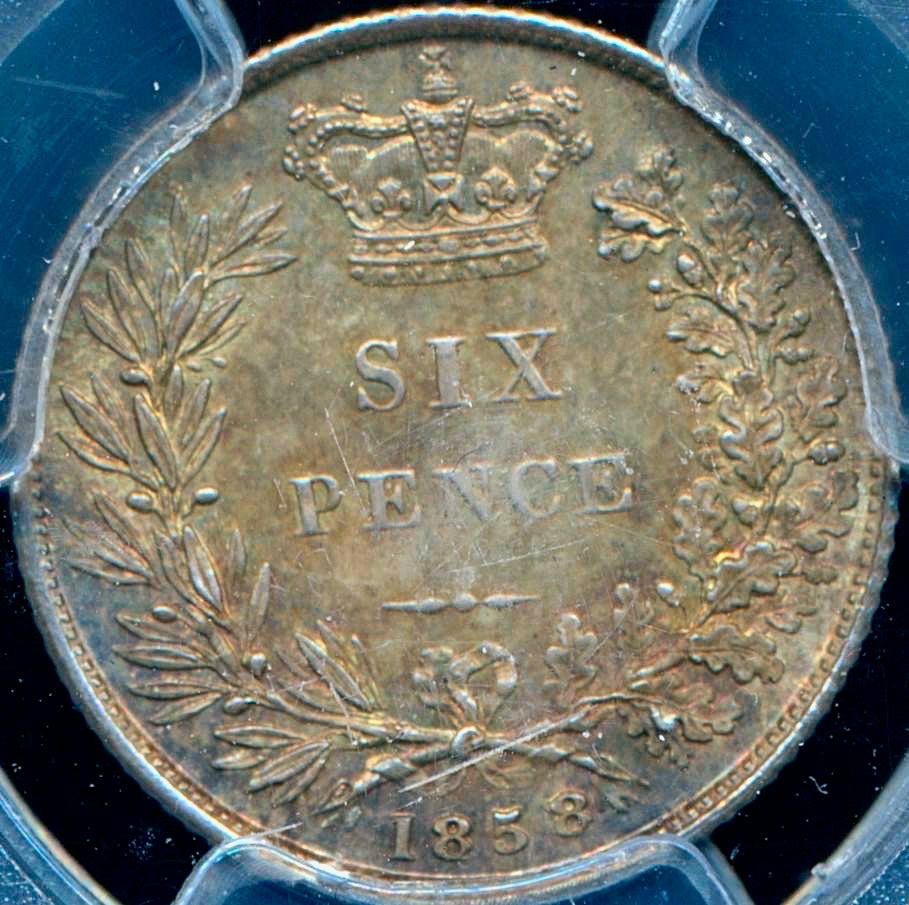 1858 Sixpence First young head Wide date S3908 ESC 3200 Very rare (R2) Choice UNC MS65