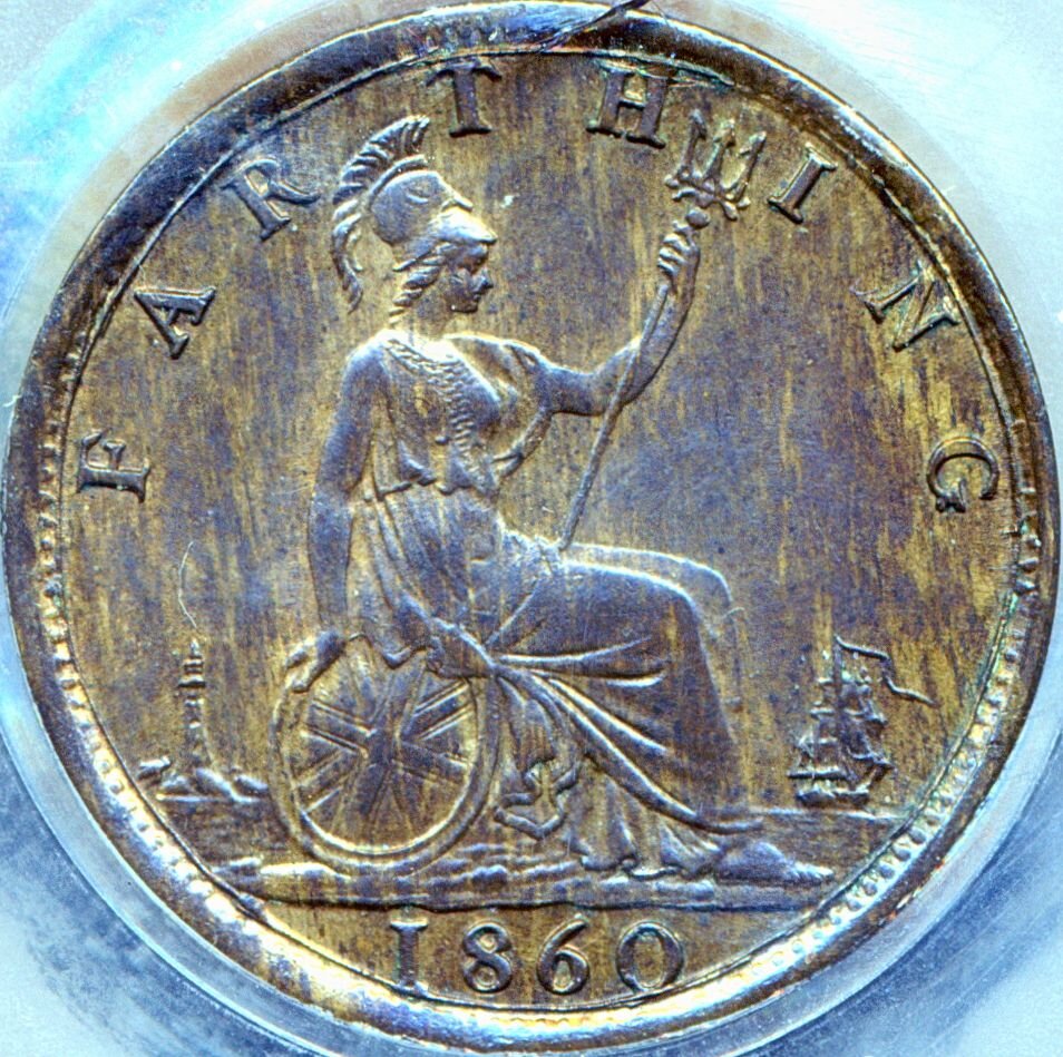 1860 Farthing S3958 F 499 R over higher R in REG CGS70 AUNC