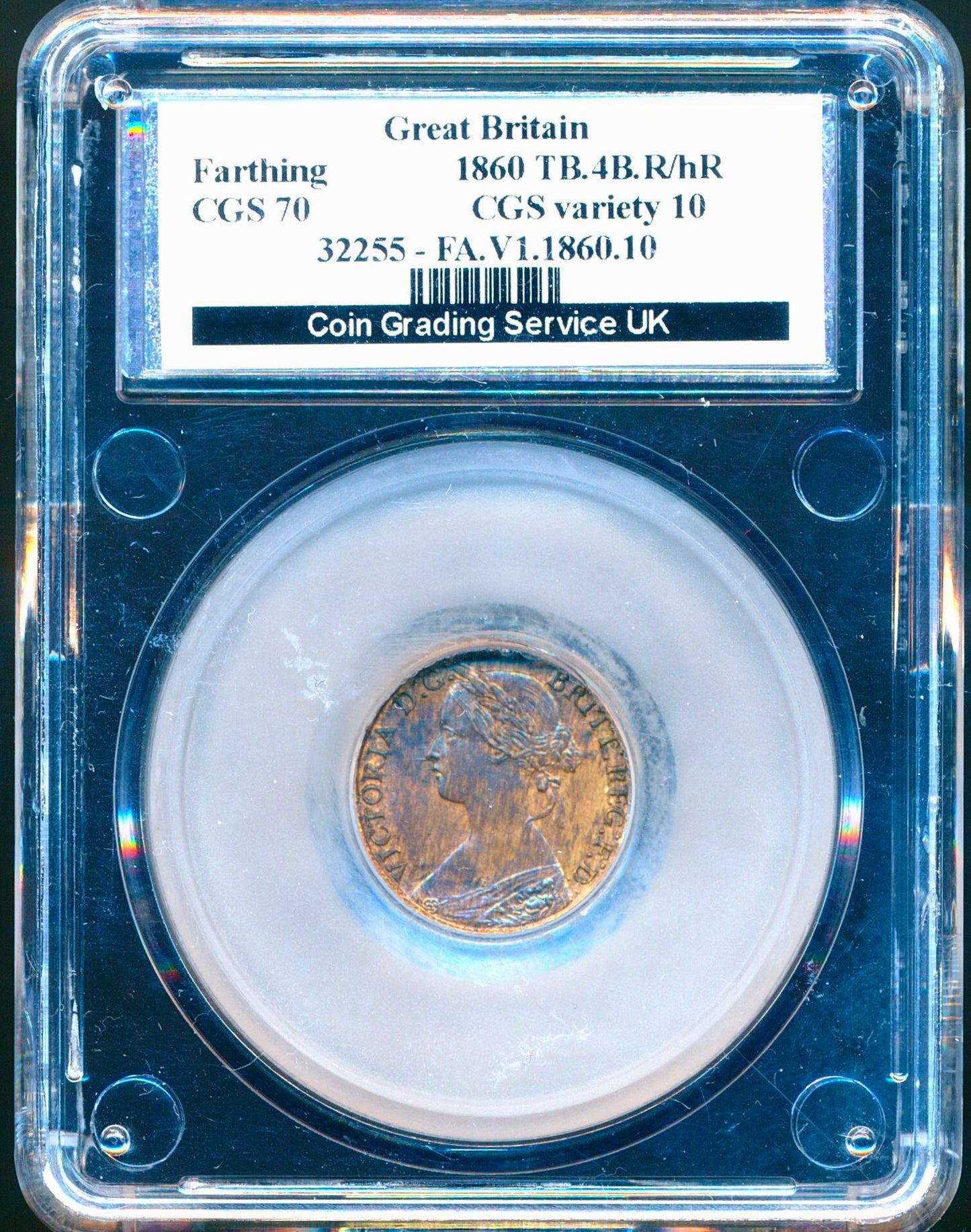 1860 Farthing S3958 F 499 R over higher R in REG CGS70 AUNC
