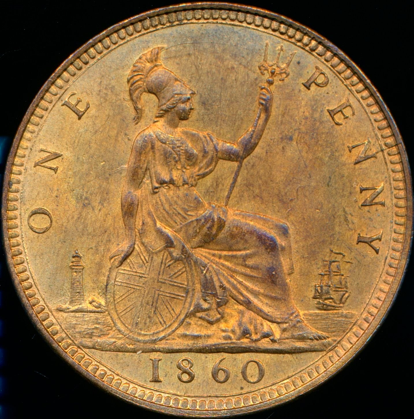 1860 Penny S3954 F10 Obv 2 Rev D UNC