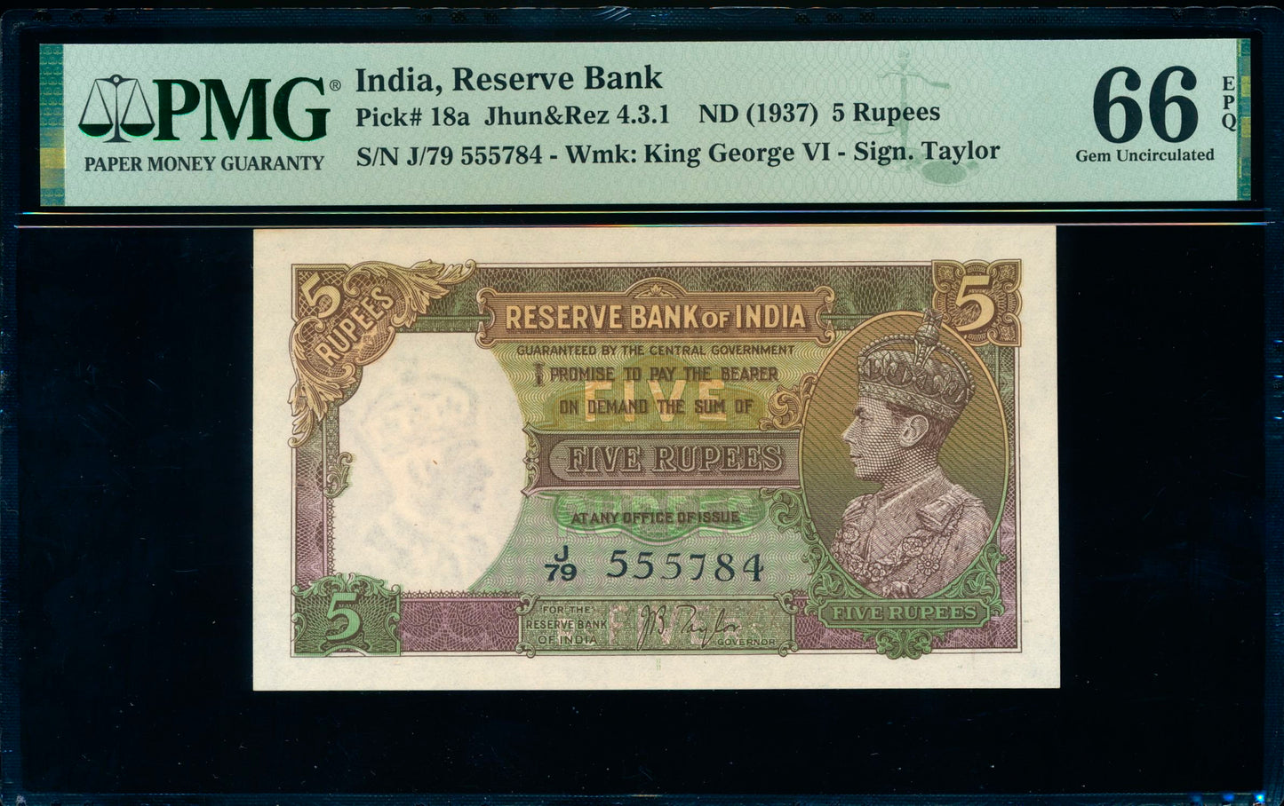 INDIA P.18a 1937 5 Rupees J/79 66 EPQ GEM UNC