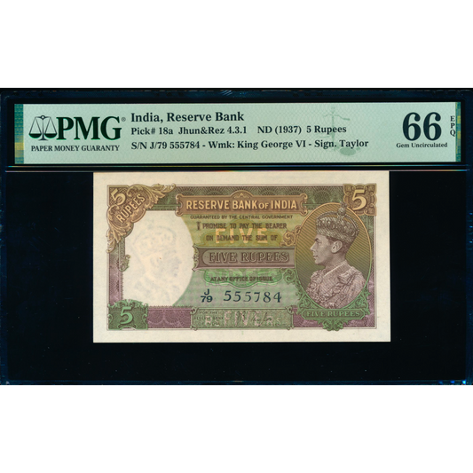 INDIA P.18a 1937 5 Rupees J/79 66 EPQ GEM UNC