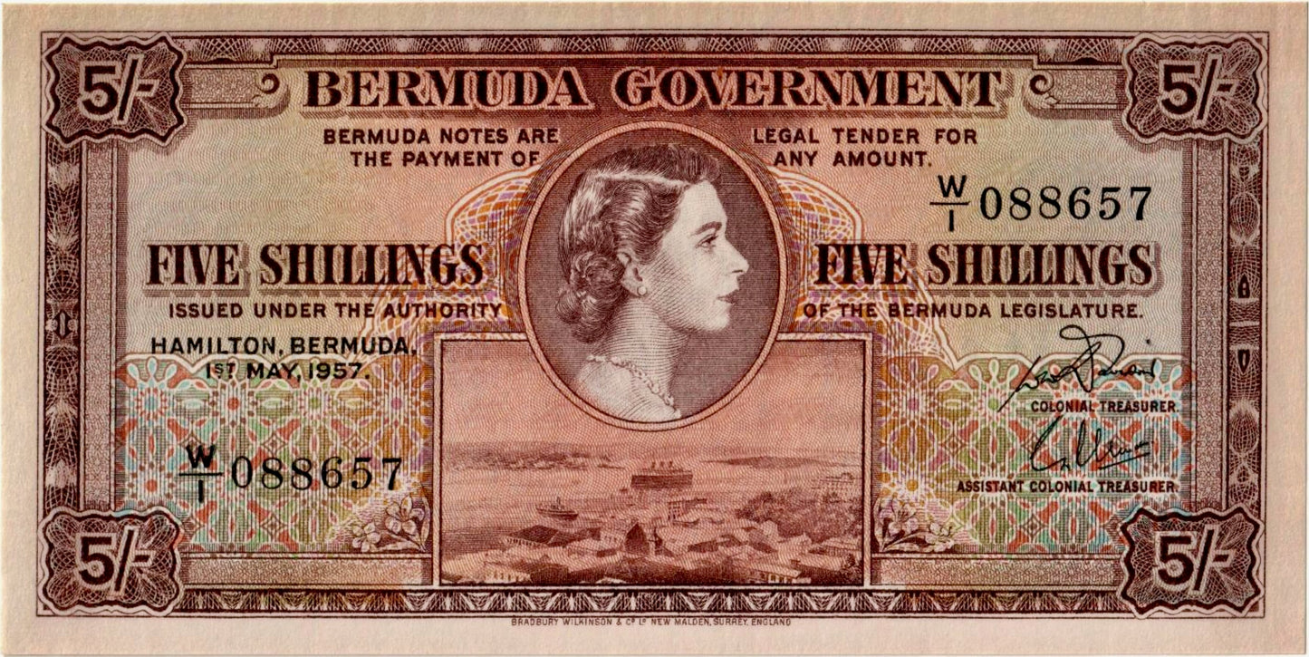 BERMUDA P.18b 1952-1957 5 Shillings W/1 GEM UNC 66 EPQ