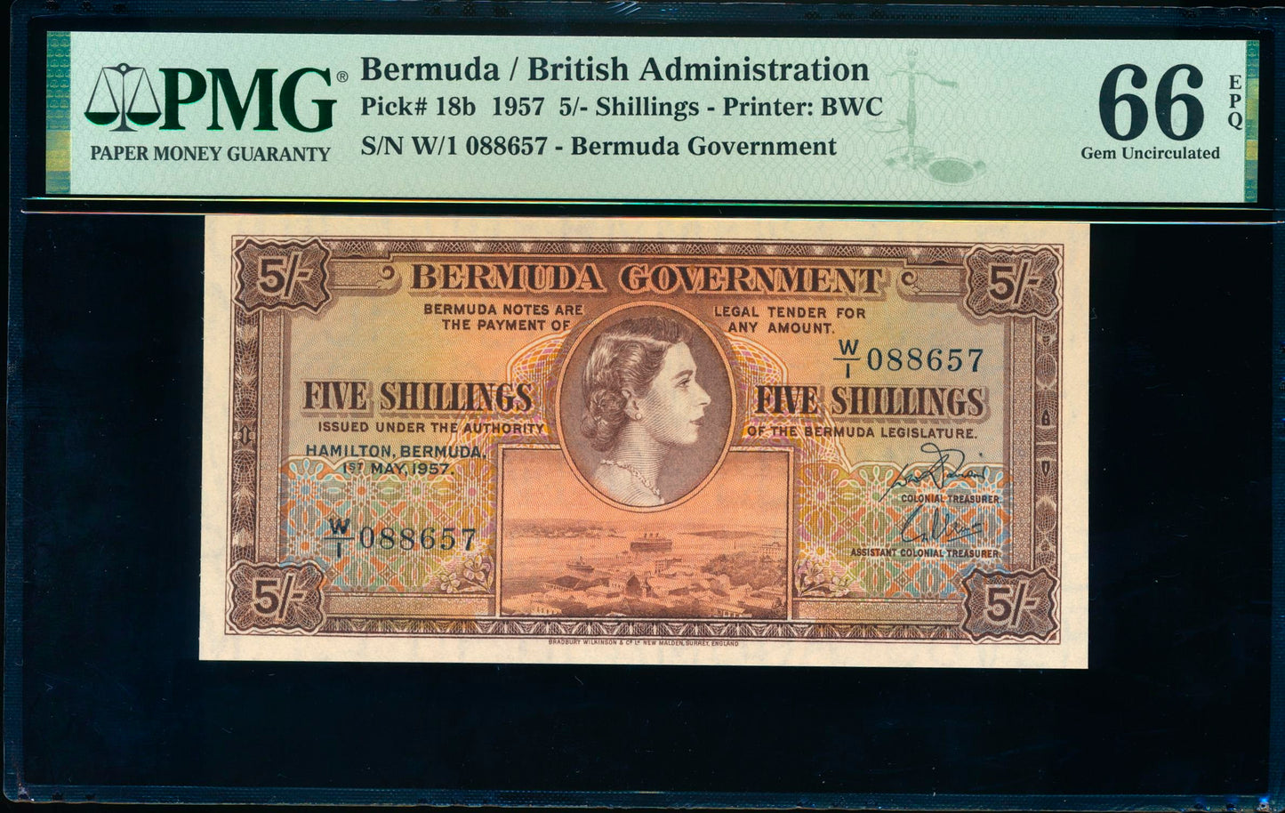 BERMUDA P.18b 1952-1957 5 Shillings W/1 GEM UNC 66 EPQ