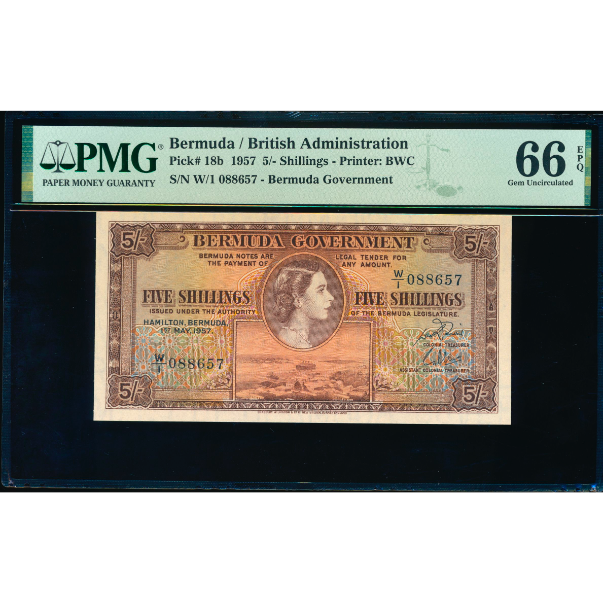 BERMUDA P.18b 1952-1957 5 Shillings W/1 GEM UNC 66 EPQ