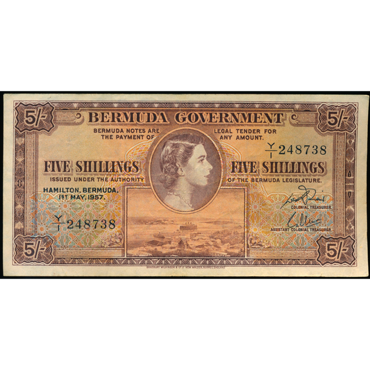 BERMUDA P.18b 1952-1957 5 Shillings GVF Y/1