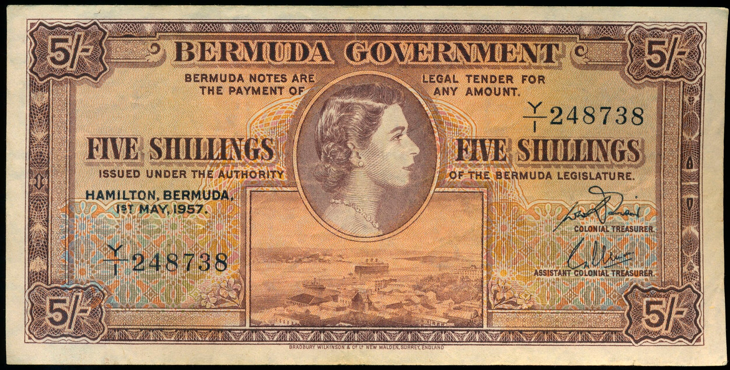 BERMUDA P.18b 1952-1957 5 Shillings GVF Y/1