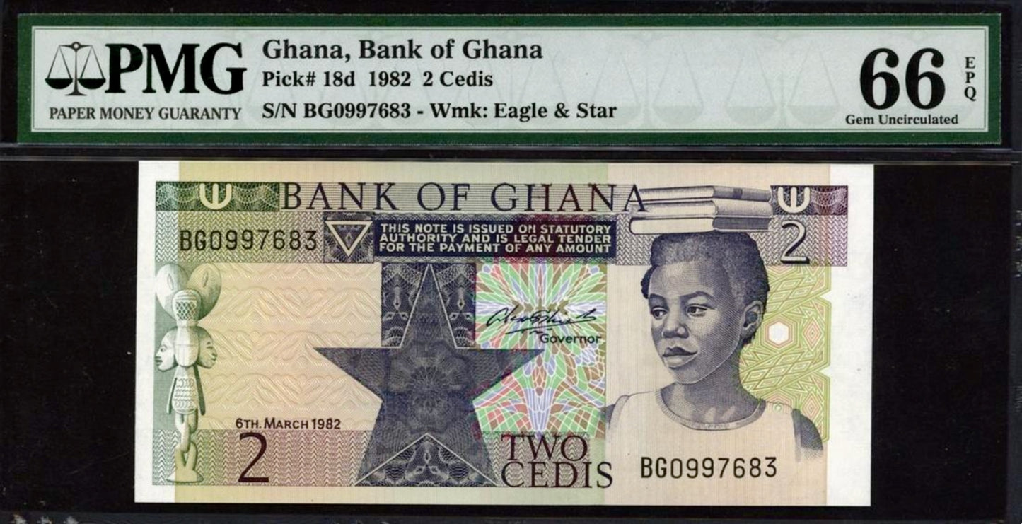 GHANA P.18d 1982 2 Cedis GEM 66 UNC