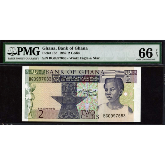 GHANA P.18d 1982 2 Cedis GEM 66 UNC