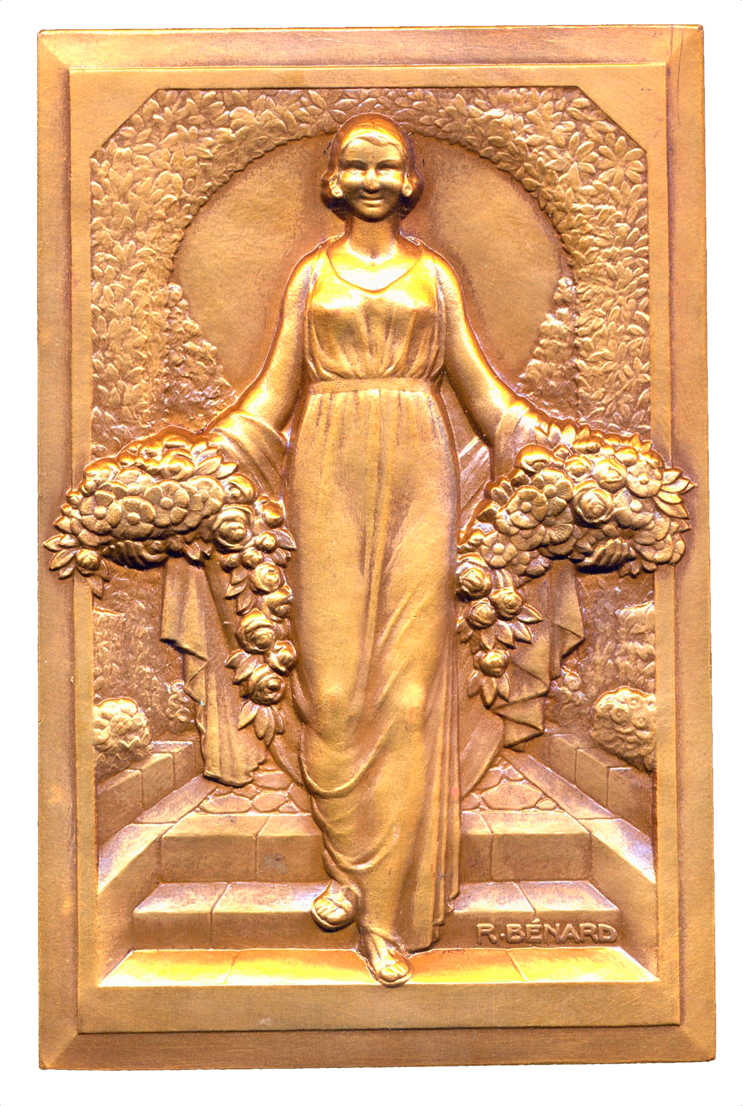 1930 FRANCE Woman with flowers 92mm*59mm cased bronze by Raoul Bénard