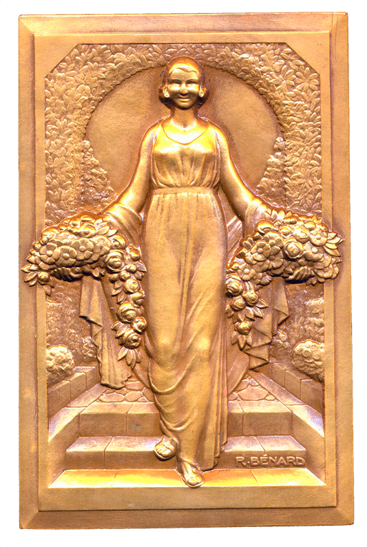 1930 FRANCE Woman with flowers 92mm*59mm cased bronze by Raoul Bénard