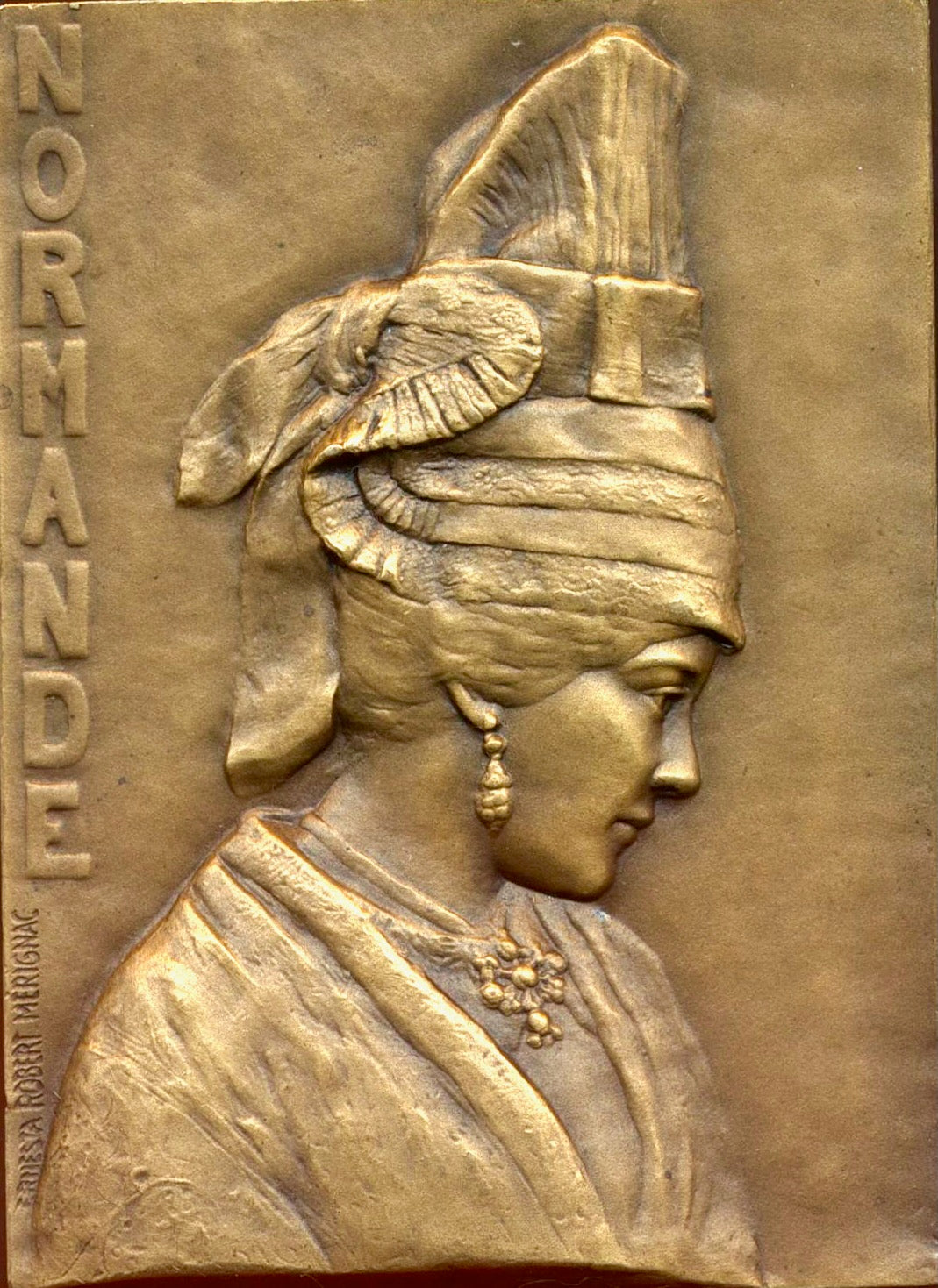 1930 FRANCE Normandie regional dress bronze plaque 61mm*48mm