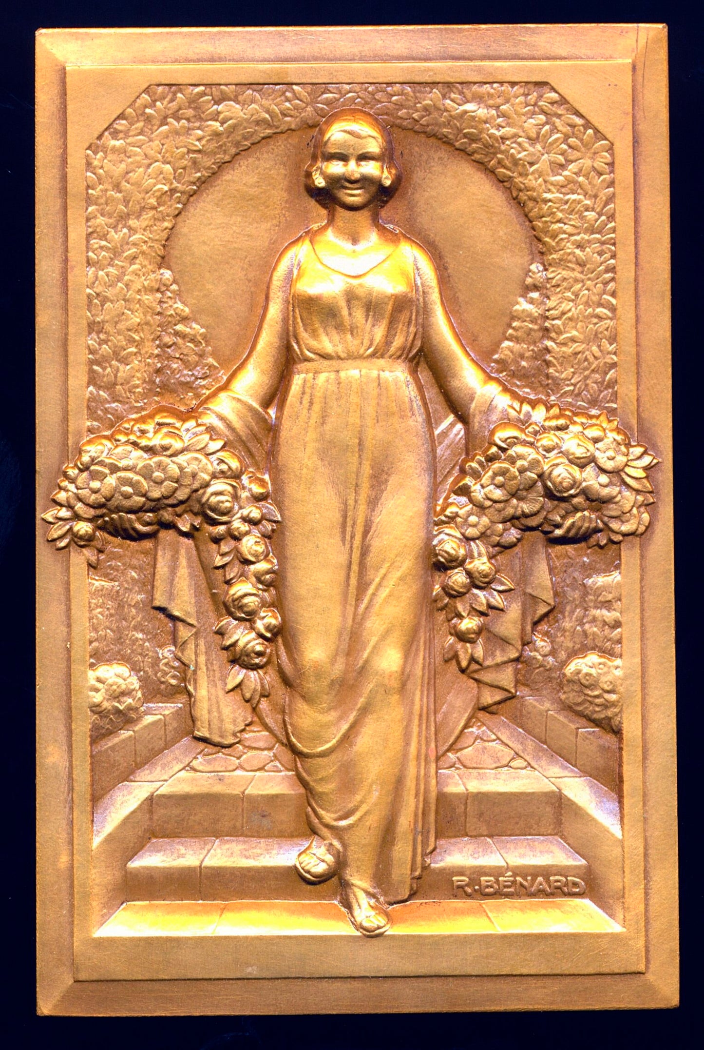 1930 FRANCE Woman with flowers 92mm*59mm cased bronze by Raoul Bénard