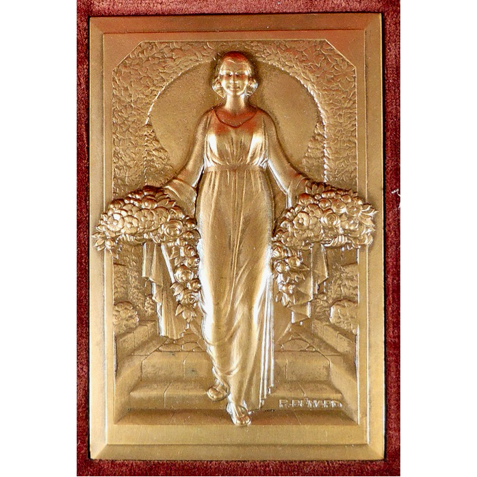1930 FRANCE 'Woman with Flowers' 92mm*59mm bronze plaquette by Bénard