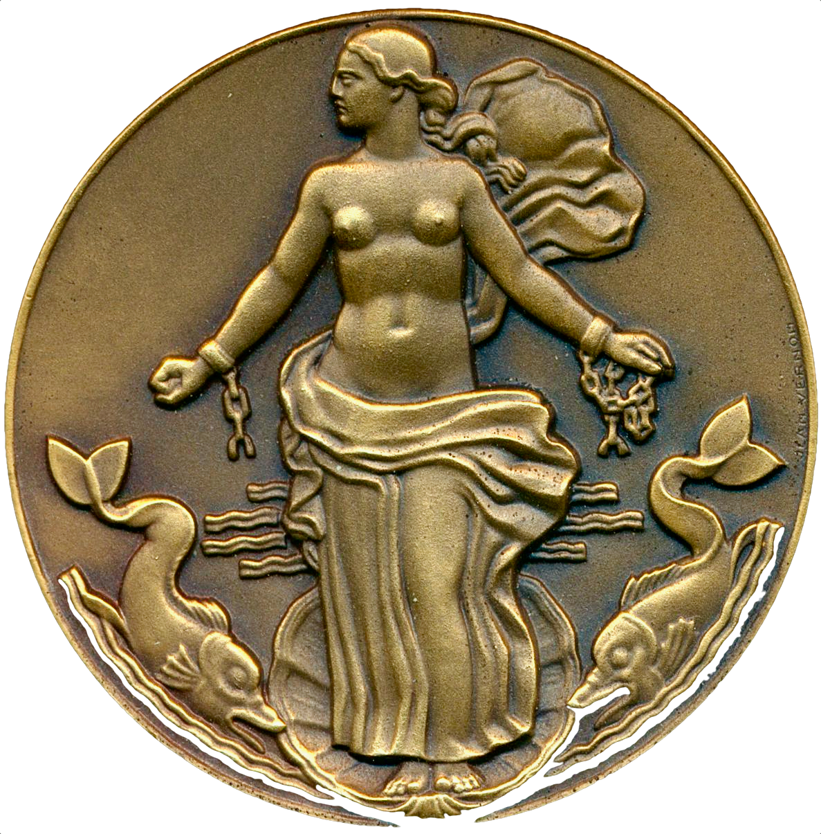 1950 FRANCE Paquebot “Liberté” 49mm bronze medal in box of issue by Jean de Vernon