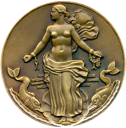 1950 FRANCE Paquebot “Liberté” 49mm bronze medal in box of issue by Jean de Vernon