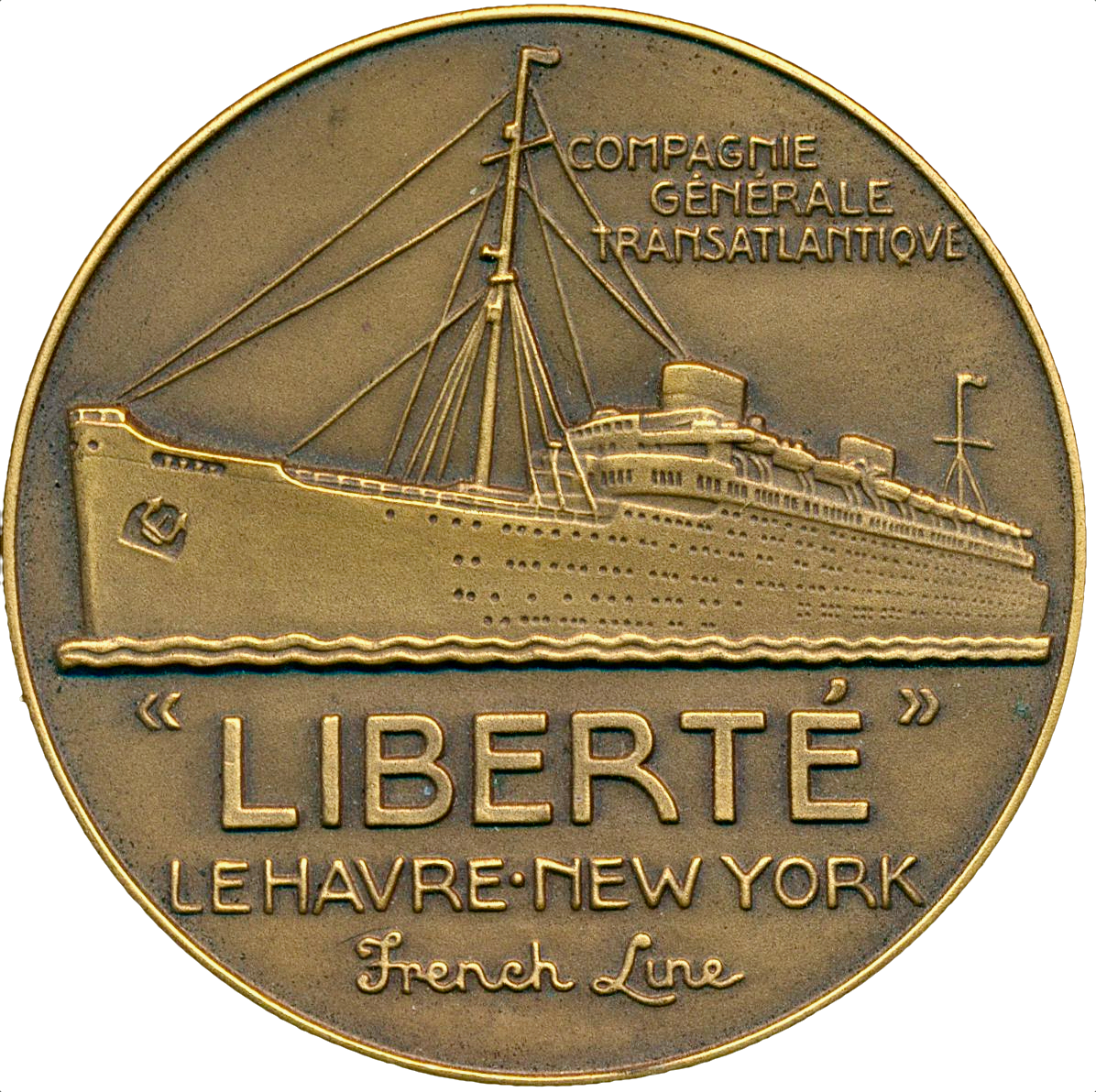 1950 FRANCE Paquebot “Liberté” 49mm bronze medal in box of issue by Jean de Vernon