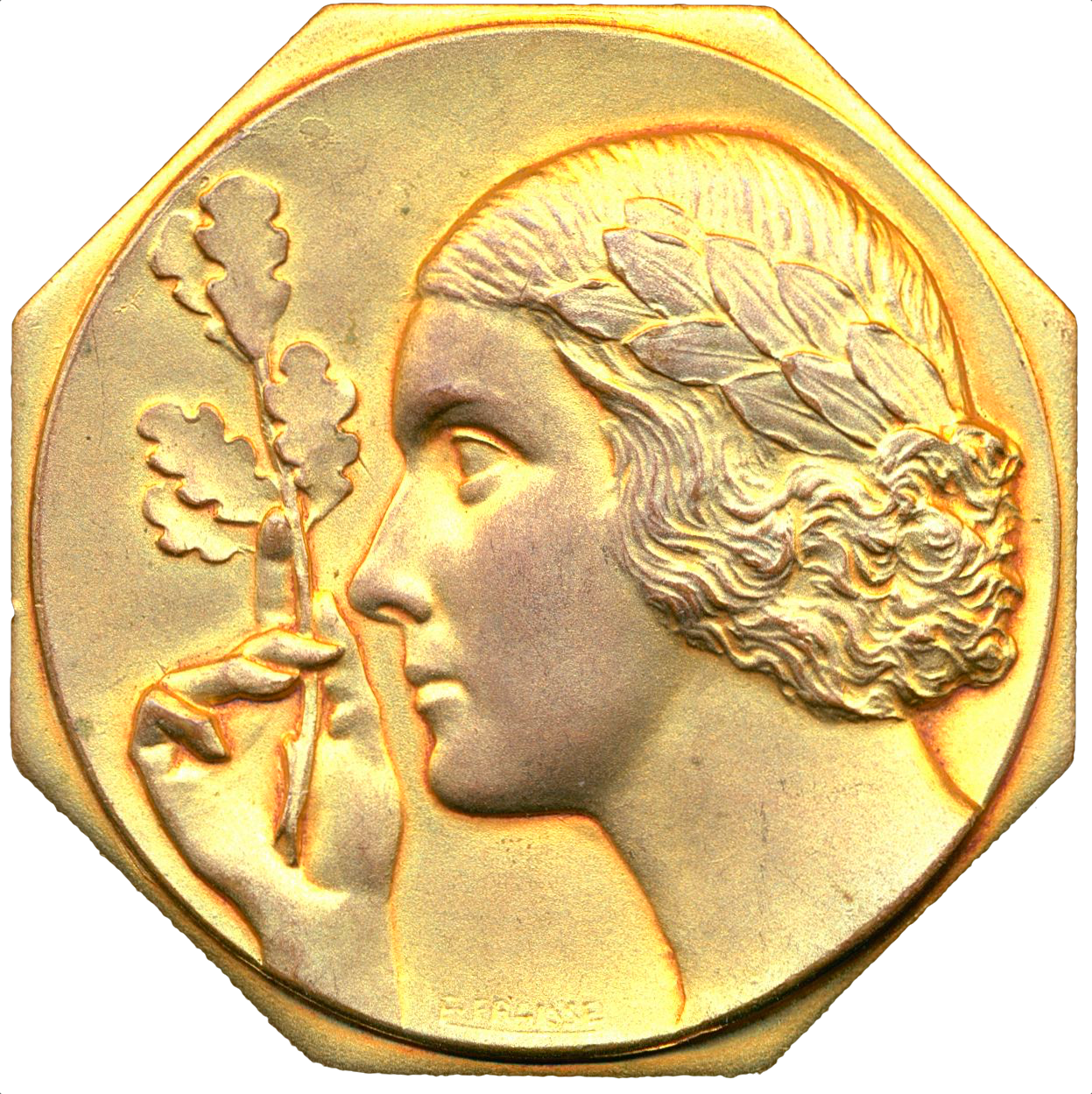 1955 FRANCE Beauty: an Art Deco 52mm octagonal gilt bronze medal presented to “Miss France” l by Edouard Fraisse