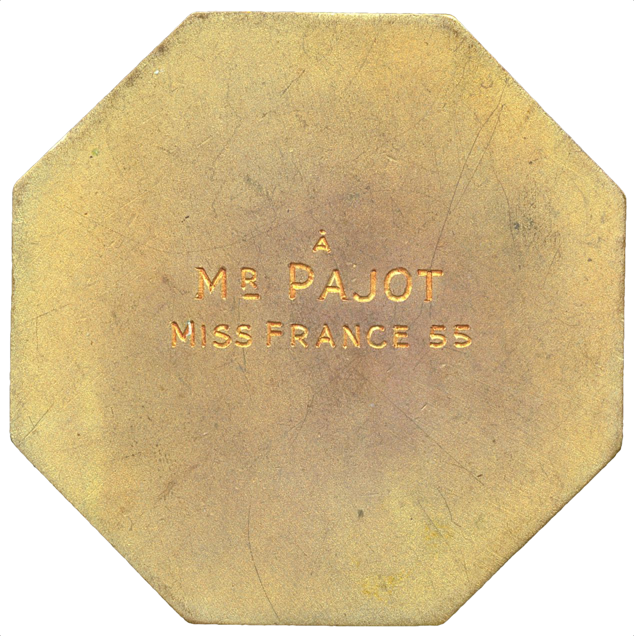 1955 FRANCE Beauty: an Art Deco 52mm octagonal gilt bronze medal presented to “Miss France” l by Edouard Fraisse