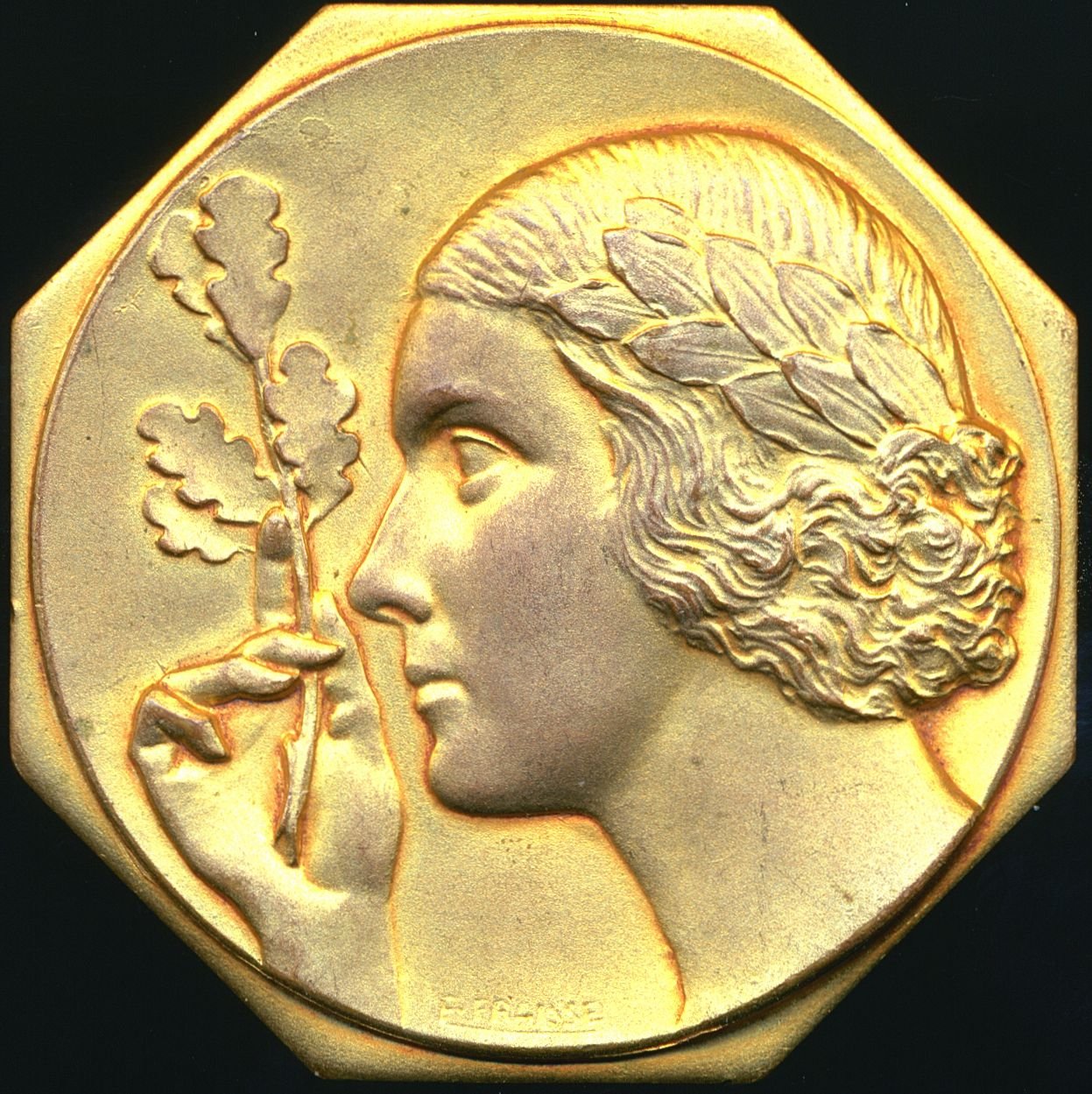 1955 FRANCE Beauty: an Art Deco 52mm octagonal gilt bronze medal presented to “Miss France” l by Edouard Fraisse