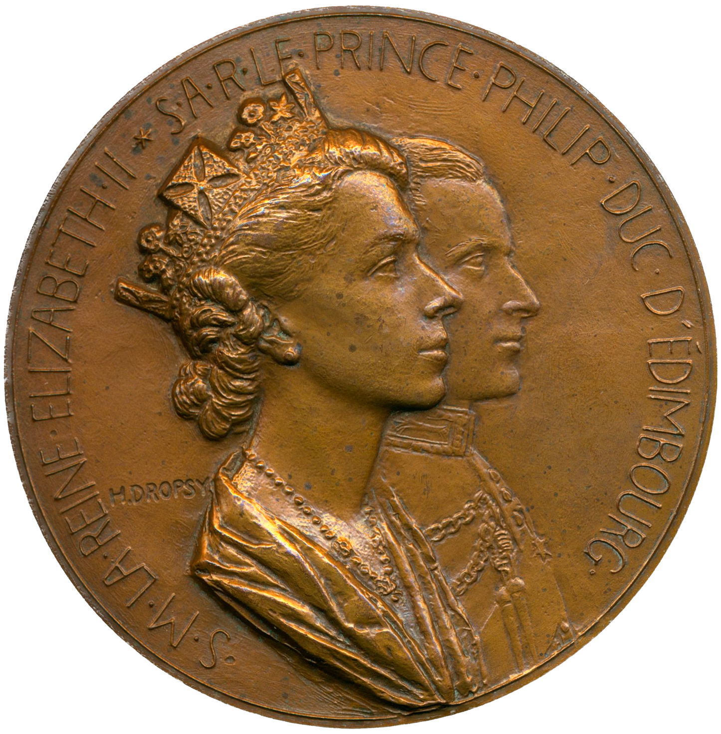 1957 Royal visit to Paris 72mm bronze medal by Henri Dropsy E2098a