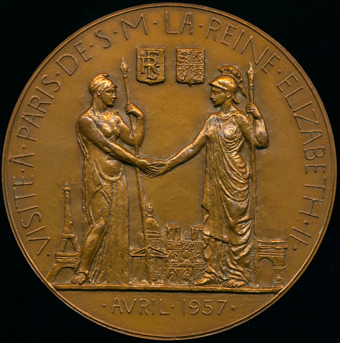 1957 Royal visit to Paris 72mm bronze medal by Henri Dropsy E2098a