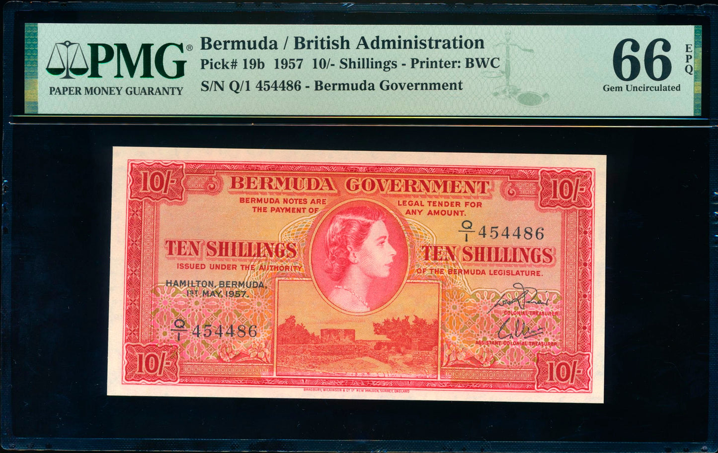 BERMUDA P.19b 1952-1966 10 Shillings Q/1 GEM UNC 66 EPQ