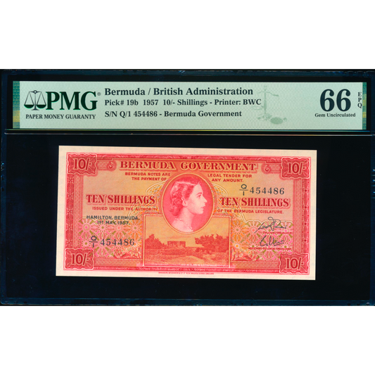 BERMUDA P.19b 1952-1966 10 Shillings Q/1 GEM UNC 66 EPQ