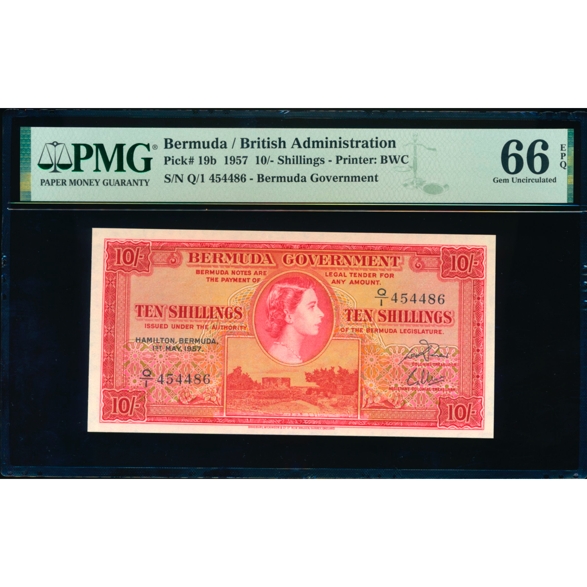 BERMUDA P.19b 1952-1966 10 Shillings Q/1 GEM UNC 66 EPQ