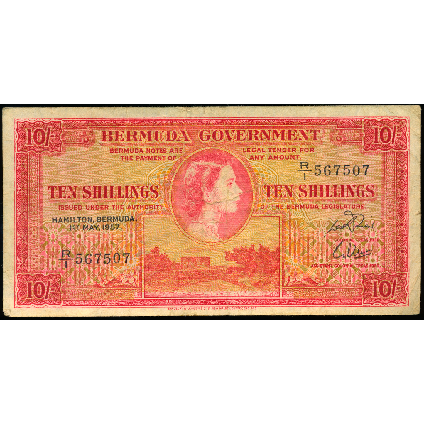 BERMUDA P.19b 1952-1966 10 Shillings VF R/1