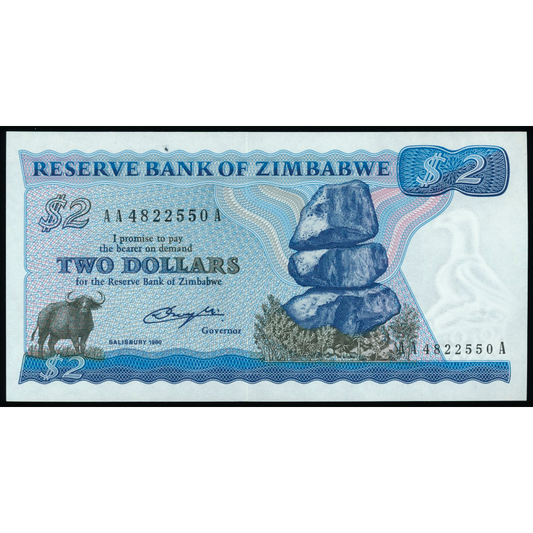 ZIMBABWE P.1a 1980 2 Dollars UNC AA