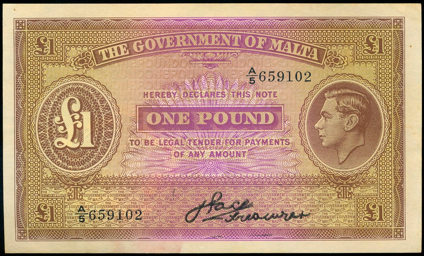 MALTA P.20a 1940 £1 A/5 Choice VF 35