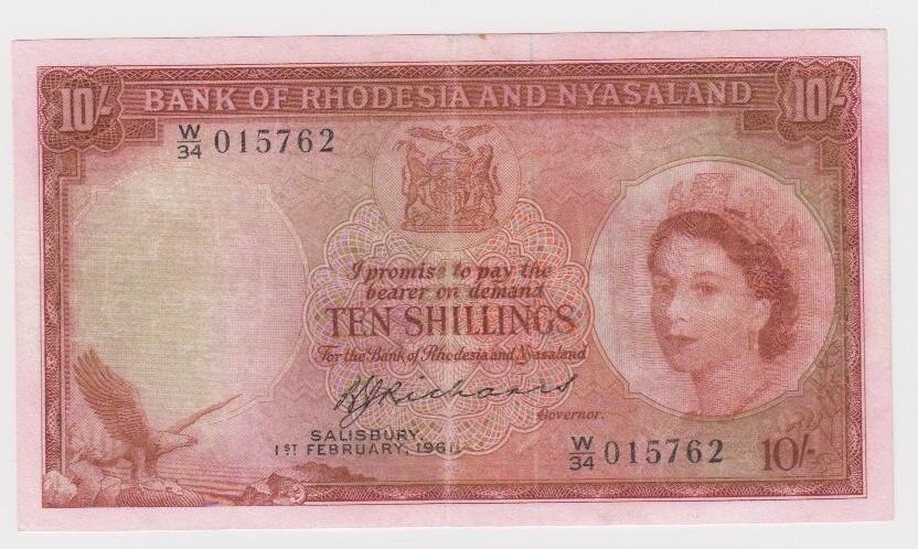 RHODESIA and NYASALAND P.20b 1961 10 shillings AVF