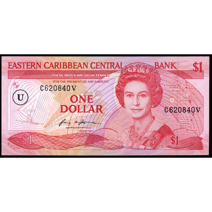 EAST CARIBBEAN P.17U Overprint U in circle Suffix V St Vincent 1985 $1 UNC