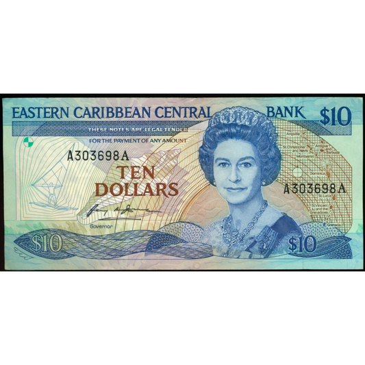 EAST CARIBBEAN P.23A1 1988 $10 Suffix A Antigua NEF