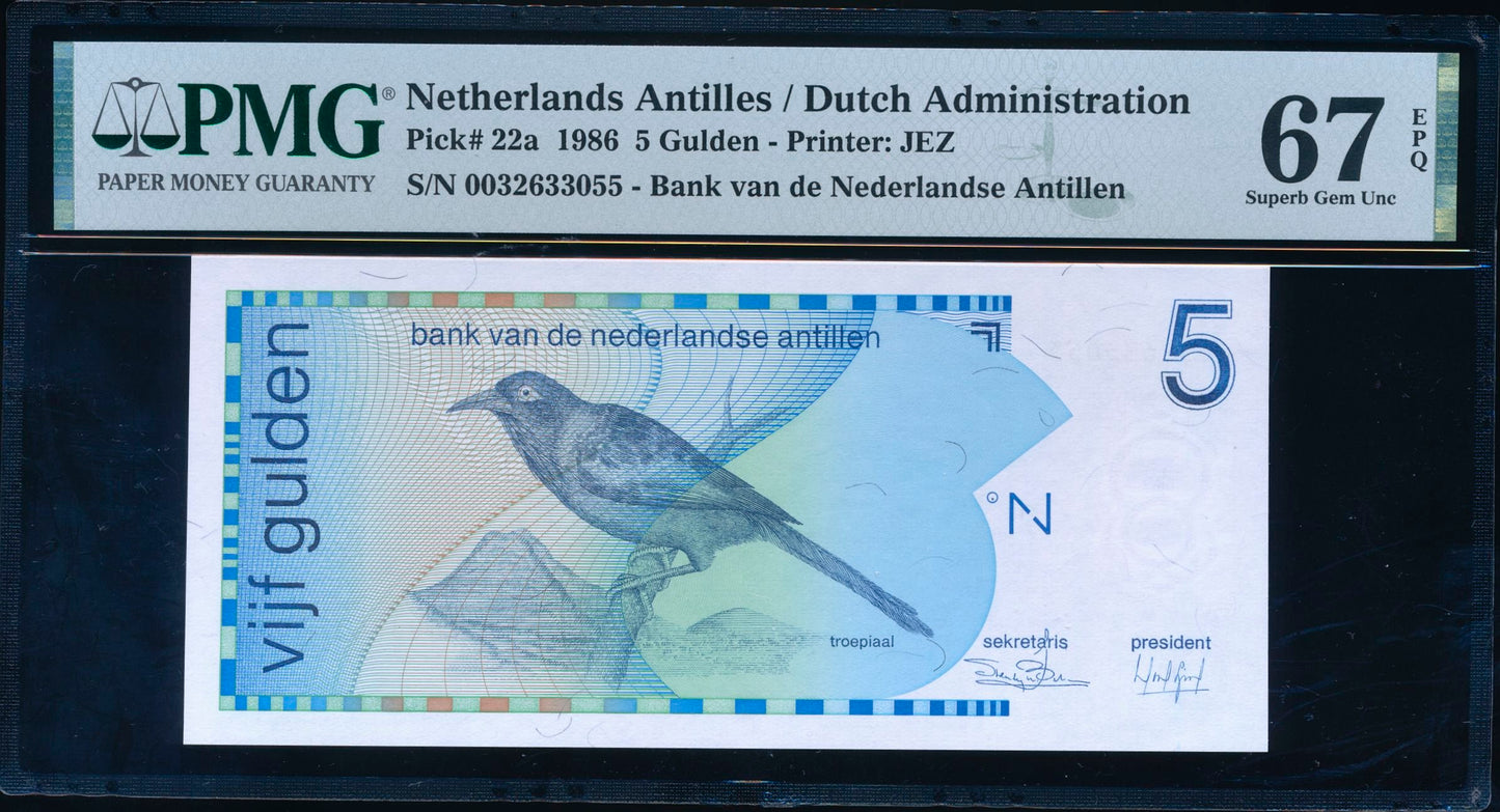 NETHERLANDS ANTILLES P.22a 1986 5 Guilden SUPERB GEM UNC 67 EPQ