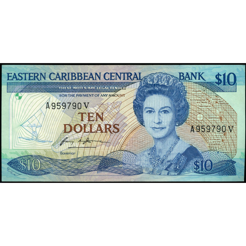 EAST CARIBBEAN P.23V1 1988 $10 Suffix V St Vincent AUNC