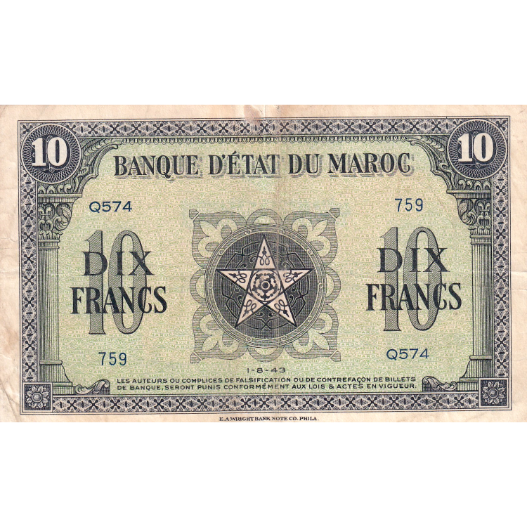 MOROCCO P.25a 1943 10 Francs GVF