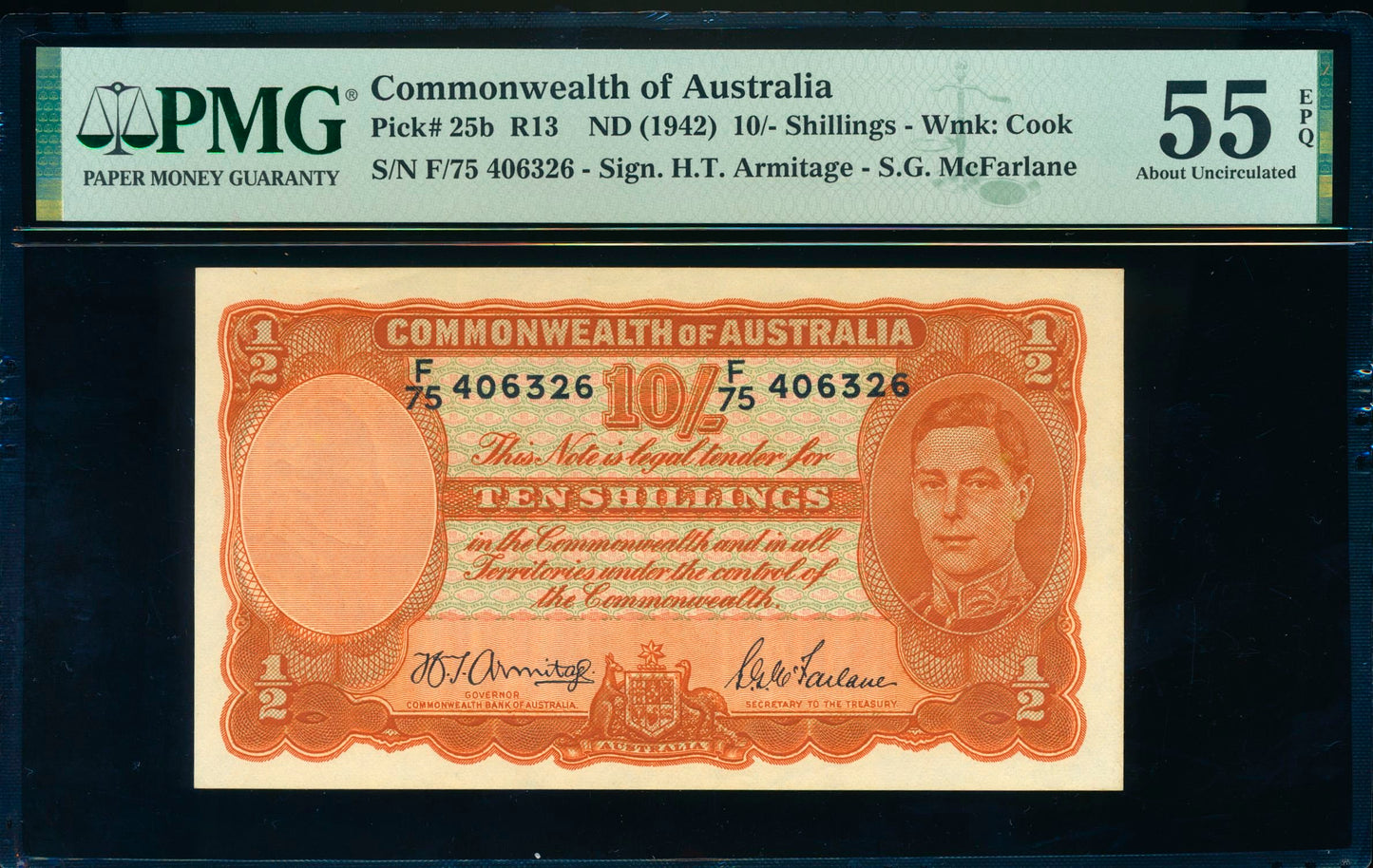 AUSTRALIA P.25b 1942 10 Shillings F75 AUNC 55 EPQ