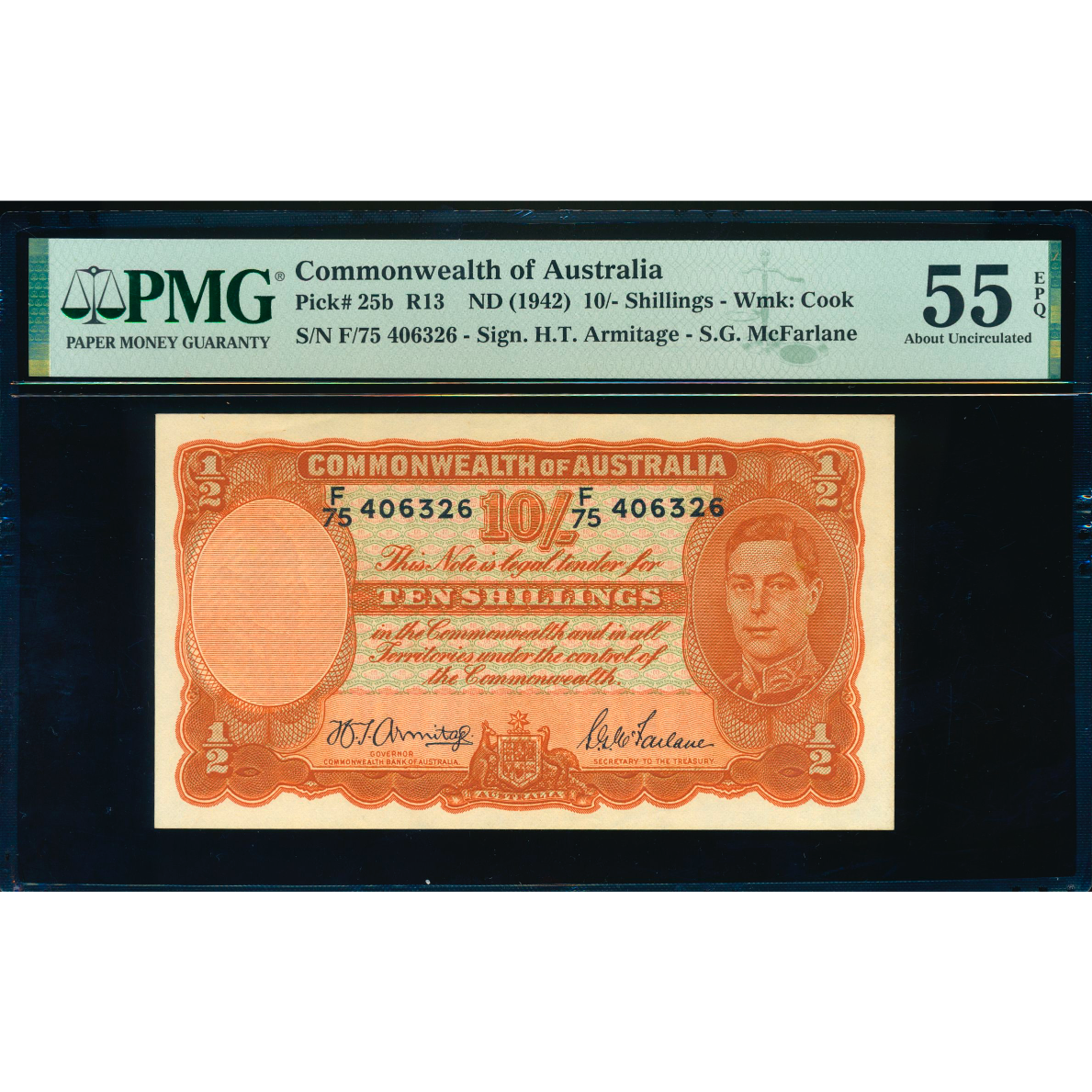 AUSTRALIA P.25b 1942 10 Shillings F75 AUNC 55 EPQ