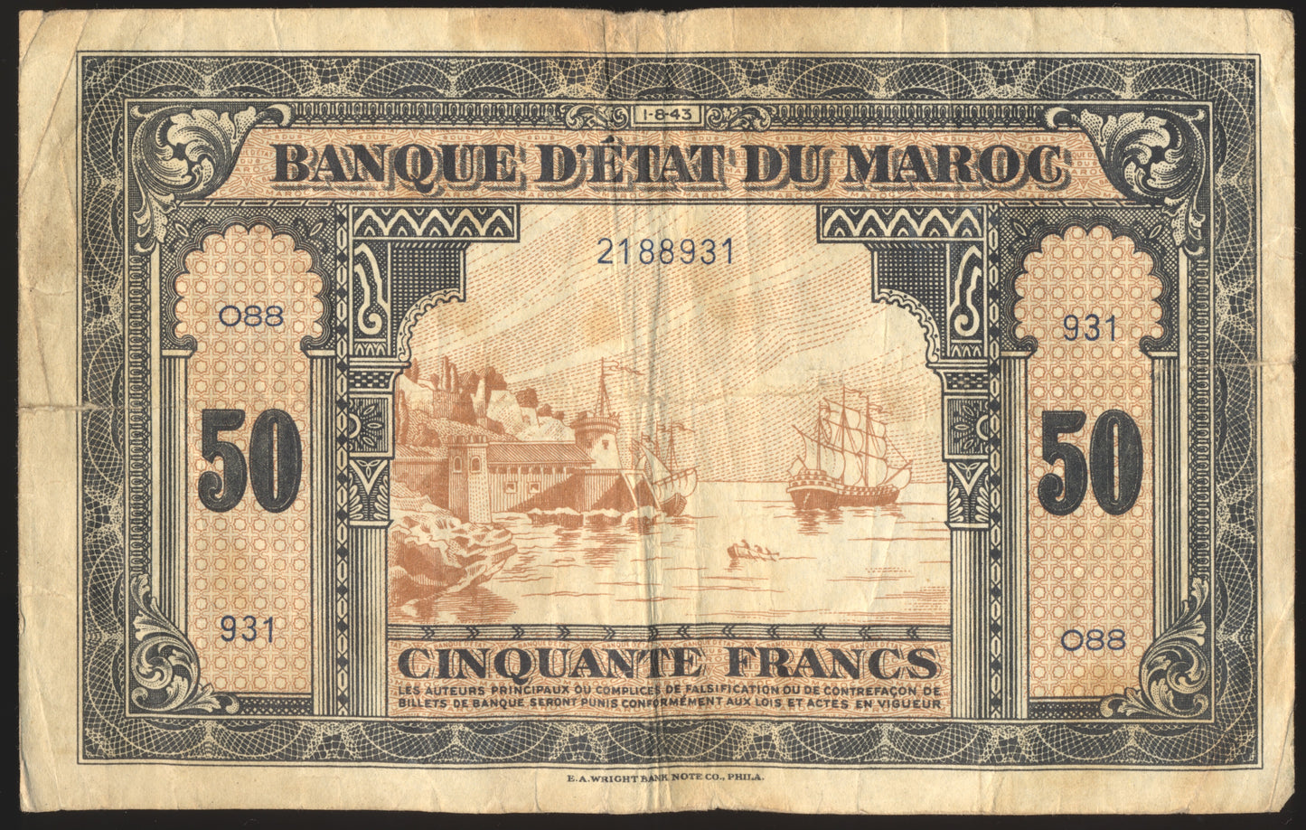 MOROCCO P.26VG 1943 50 Francs AVF