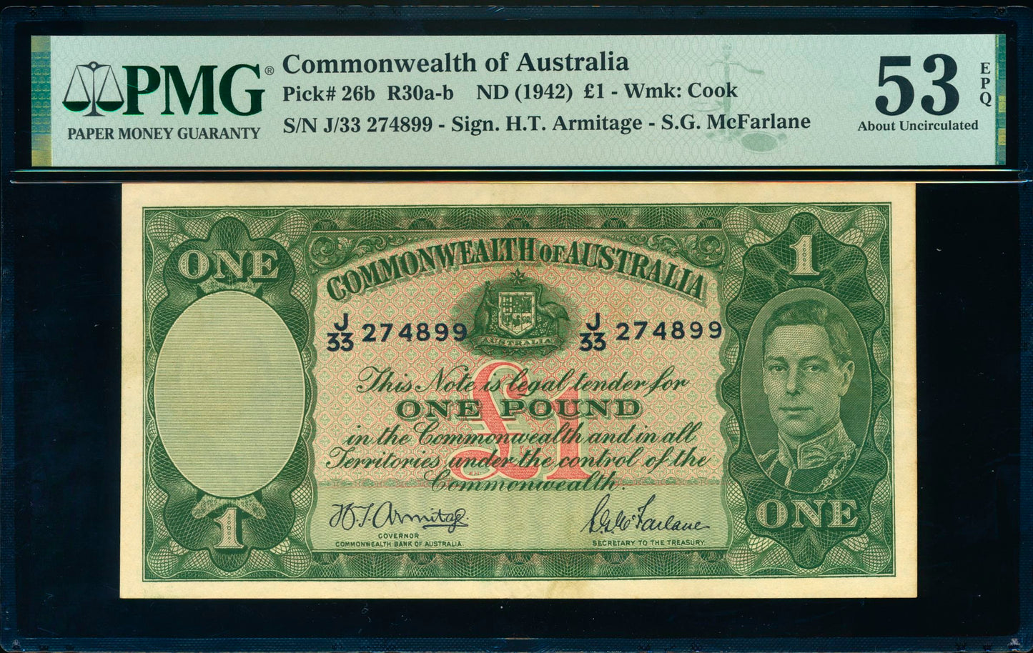 AUSTRALIA P.26b 1938-1952 £1 J33 AUNC 53 EPQ