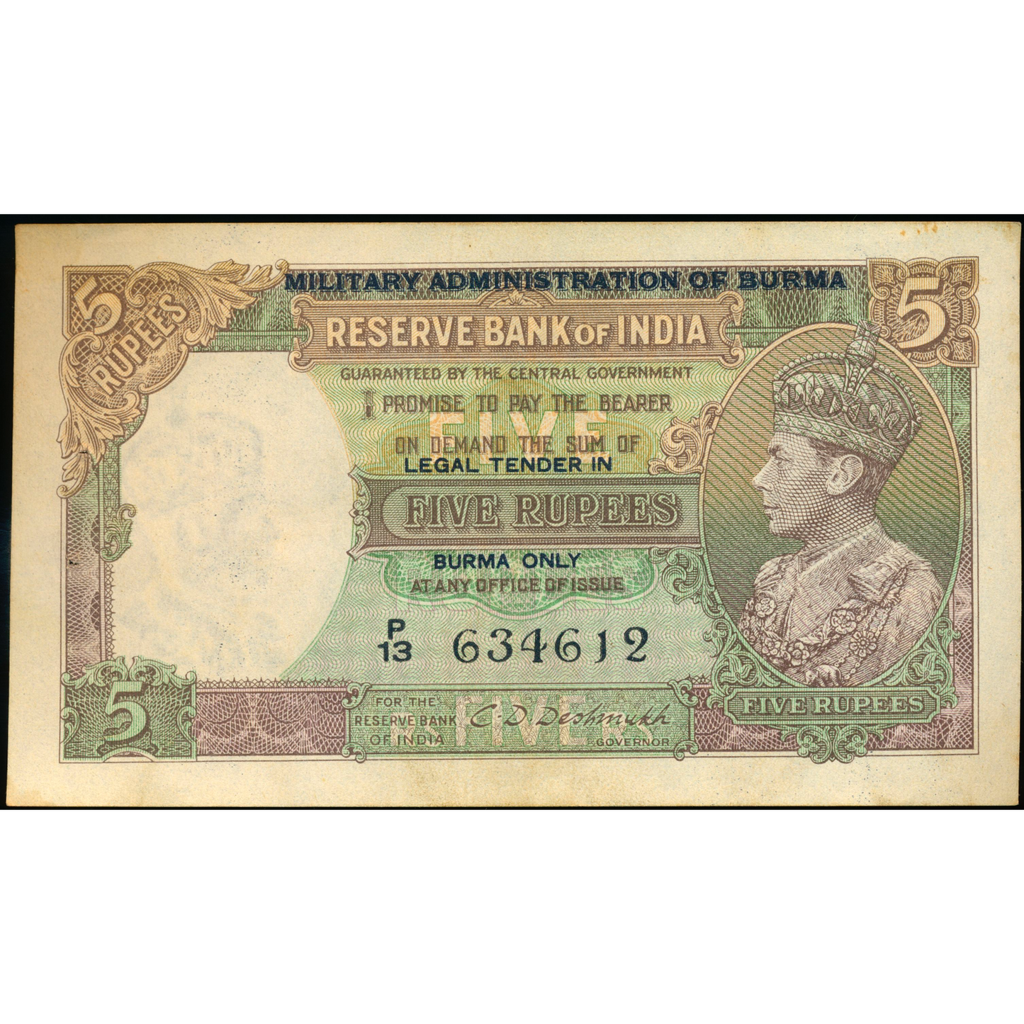 BURMA P.26b 1945 5 Rupees VF P/13