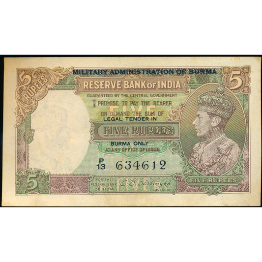 BURMA P.26b 1945 5 Rupees VF P/13